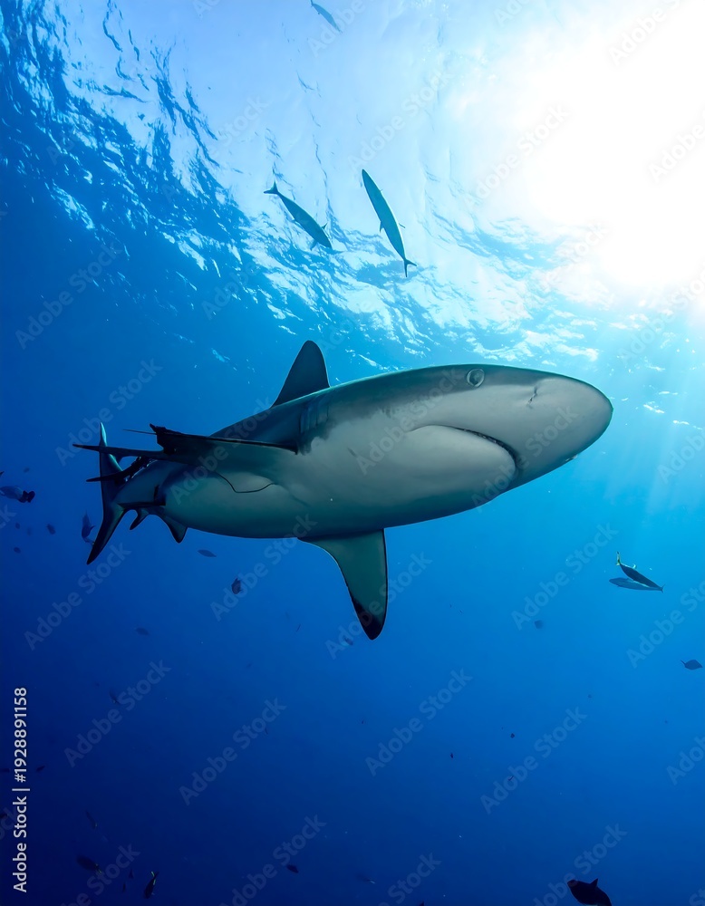 Fototapeta premium A shark swims underwater towards the sunlit surface