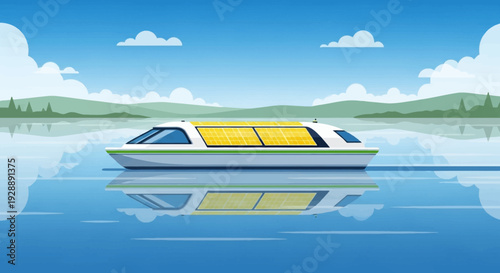 Modern solar powered boat on serene lake with green hills