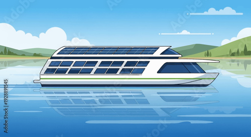 Modern solar powered boat sailing on serene lake with green hills