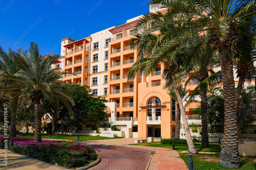 Fototapeta premium Modern residential apartment complex with Mediterranean architecture in King Abdullah Economic City (KAEC), Saudi Arabia