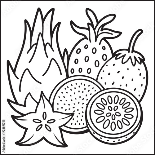 Exotic Fruit Collection Coloring Page for Kids and Adults, Dragon Fruit Star Fruit Tropical Fruits Line Art Illustration, Printable Coloring Sheet, Vector Outline Icon Set