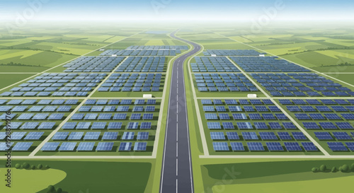 Large solar panel farm with road in rural landscape