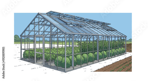 Sustainable greenhouse with solar panels on roof in rural landscape