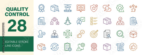 Collection of Editable Stroke Line Icons Representing Quality Control and Assurance in Various Industries