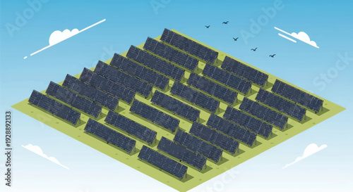 Solar panel farm generating clean energy under blue sky with birds flying