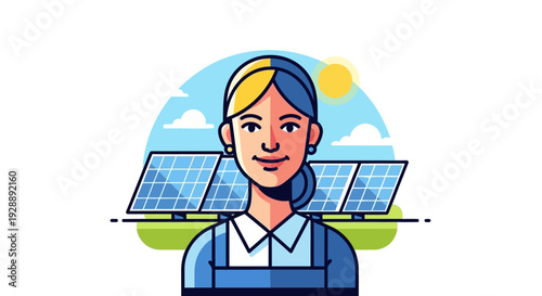 Smiling woman with solar panels in sustainable energy setting