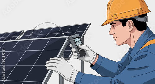 Technician in hard hat inspecting solar panels with digital meter