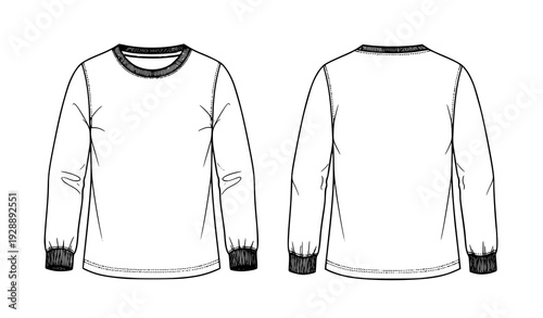 Long sleeve crew neck shirt line art CAD mockup vector
