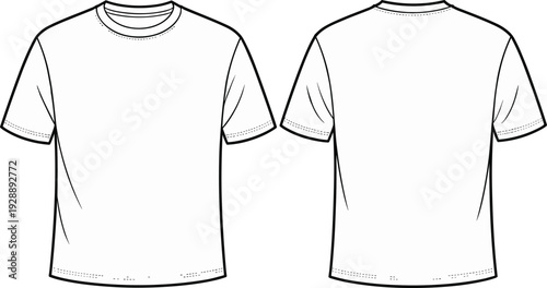 "Vector illustration of short sleeve t shirt front and back views with fashion design template, apparel mockup, clothing outline sketch"