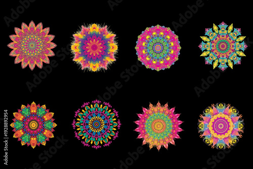 Colorful Mandala Set on Black Background – Vibrant Boho Floral Sacred Geometry Collection. Ai generated