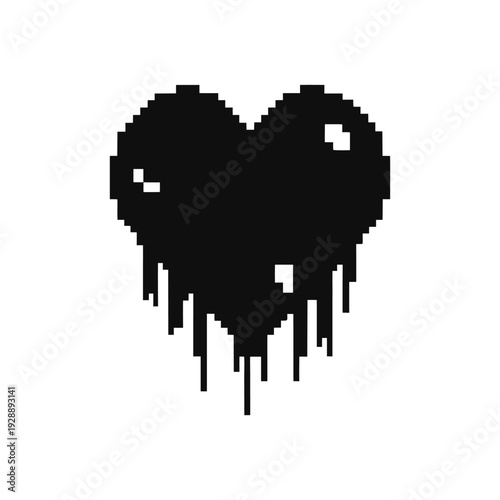Black Pixel Art Dripping Heart Silhouette Icon Isolated on a White Background.
