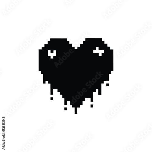 Black Pixel Art Dripping Heart Silhouette Icon Isolated on a White Background.