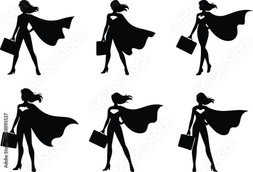 Set of Minimalist black businesswoman wearing a superhero cape silhouette vector icon