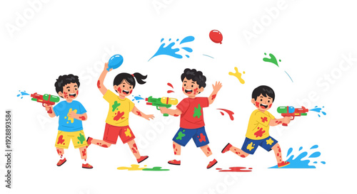Cheerful Children Playing Water Guns Pichkaris