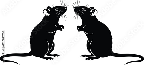 Two black rat silhouettes facing each other, sitting position, curved tails, whiskers visible, abstract animal design, symbolic vector illustration concept