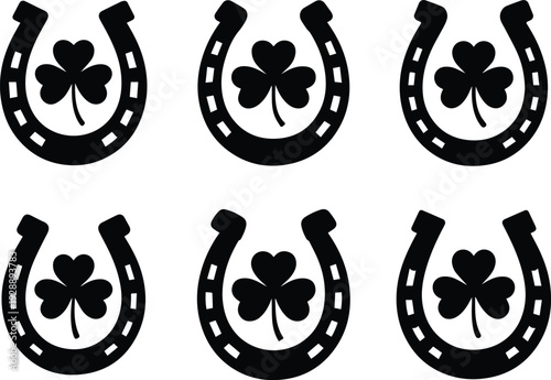Set of Minimalist black lucky horseshoe with clover leaf silhouette vector icon