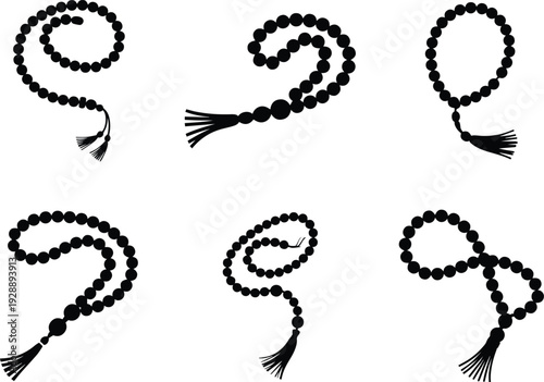 Set of Minimalist black prayer beads tasbih with tassel silhouette vector icon