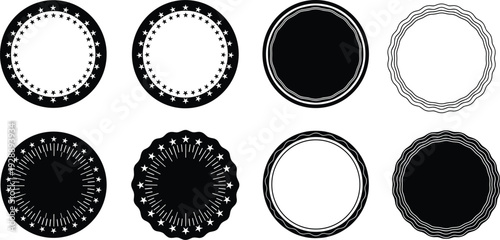 Vector illustration of badge seal designs, circular ornamental emblems, decorative certificate motifs, symmetrical star borders, official graphic artwork