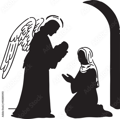 Nativity scene silhouette vector illustration with angel, baby Jesus, and Mary