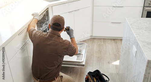 Professional adult Hispanic man repairman in brown uniform fixing a dishwasher in a bright modern kitchen, kneeling on floor, inspecting appliance parts, high angle view, maintenance service concept.