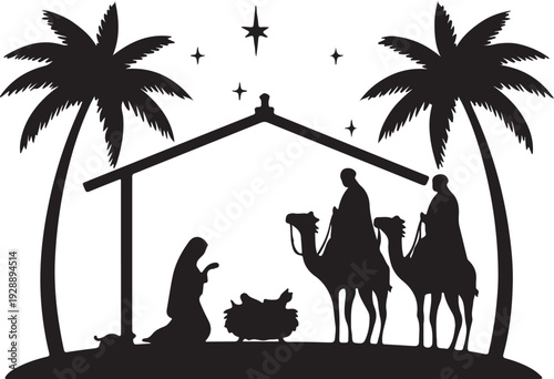 Nativity Scene Silhouette Vector Illustration with Three Wise Men and Palm Trees