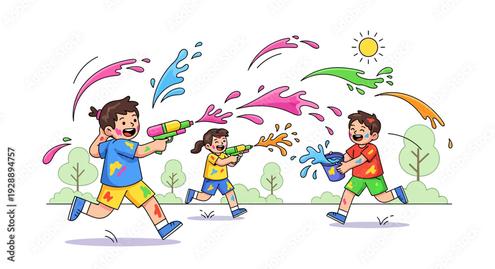 Naklejka premium Happy Kids Splashing Holi Colors With Pichkaris