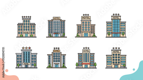Set of eight diverse hotel building icons with star ratings to represent various types of travel accommodation.