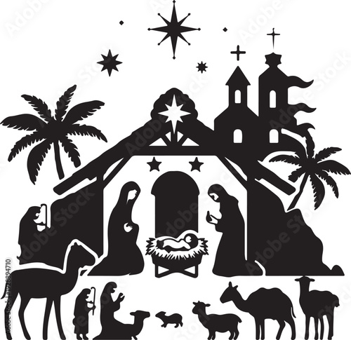 Black silhouette Nativity scene vector illustration