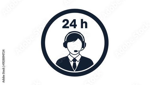 Black and white circular icon of a customer service representative with a headset and twenty four hour service text.