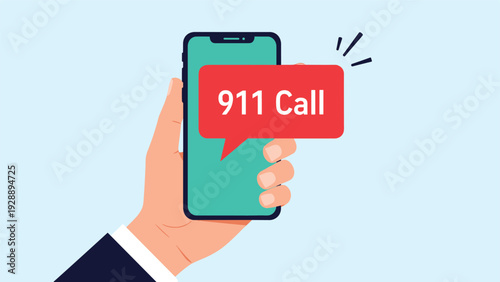 Hand holding a modern smartphone with a red emergency notification bubble displaying nine one one call text.