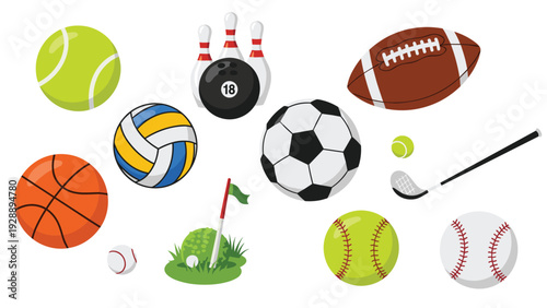 Comprehensive collection of various sports equipment including balls for soccer, basketball, tennis, and golf gear.