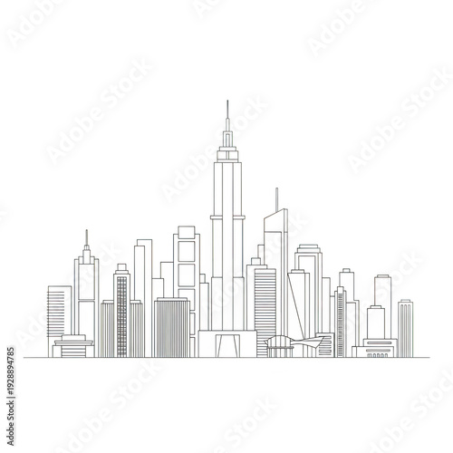 A minimalist line drawing of a city skyline with modern buildings isolated on transparent background