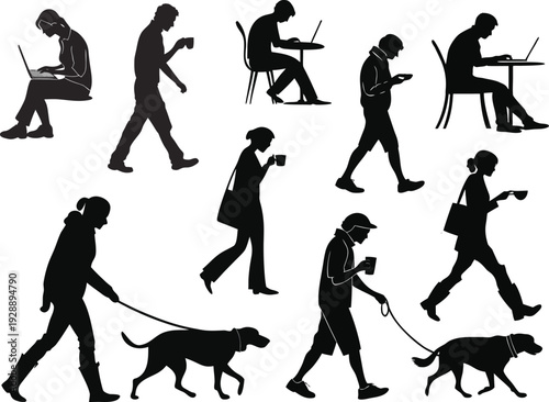 Collection of People Walking and Using Smartphones Silhouettes Including Dog Walking Scenes, Modern Urban Lifestyle and Mobile Phone Addiction Concept