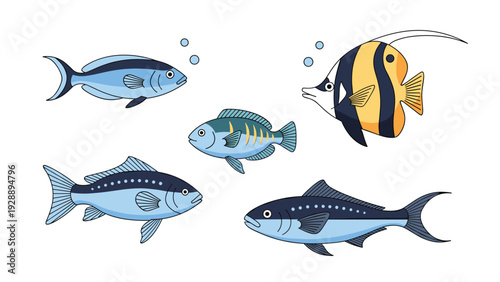 Group of diverse tropical fish swimming together including a yellow and black angelfish and various blue fish species.