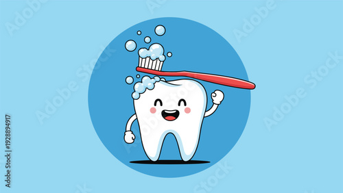 Happy cartoon tooth character holding a red toothbrush and brushing with bubbles to promote dental hygiene and care.