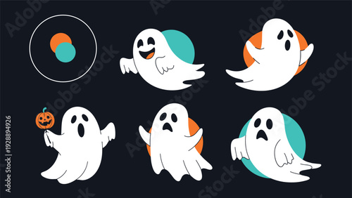 Collection of six cute cartoon ghosts in various playful poses and expressions on a dark blue background for halloween.