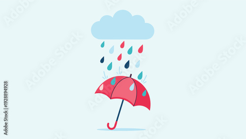 Red umbrella protecting against colorful raindrops falling from a blue cloud to symbolize hope and safety in rain.