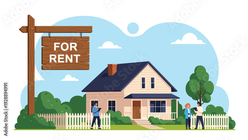 Real estate illustration showing a suburban house for rent with people and an agent standing in the front yard.