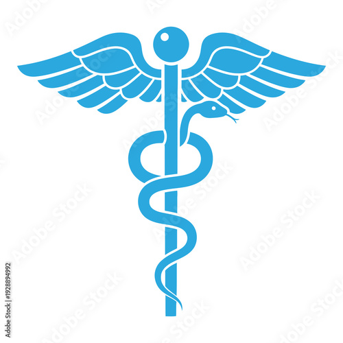 Blue medical caduceus symbol with snakes and wings on white background icon