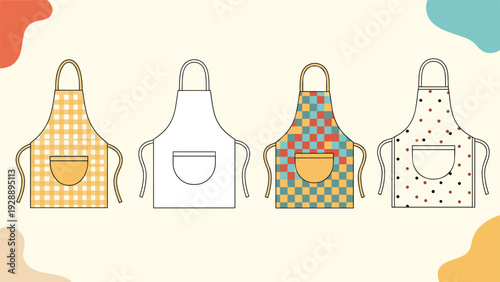 Collection of four different kitchen aprons with various patterns including plaid, polka dots, and checkered designs.