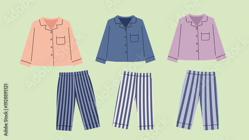 Set of three pajama sets with colorful button down shirts and matching striped pants for a comfortable sleep theme.