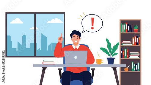 Professional man sitting at his desk with a laptop and raising his finger as he has a bright idea or realization.