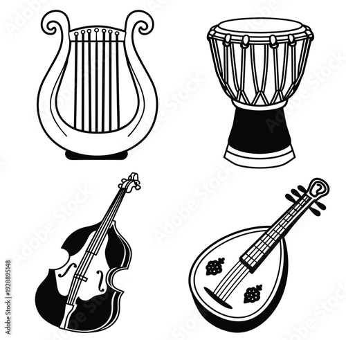 Mandolin, Lute, Digital Keyboard, and Keytar Collection vector art illustration 