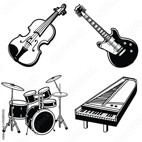 Electronic Beat Pad, Accordion, Saxophone, and Acoustic Guitar Set line art