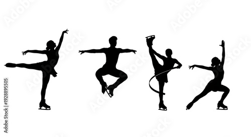Four ice skaters in different poses on white background