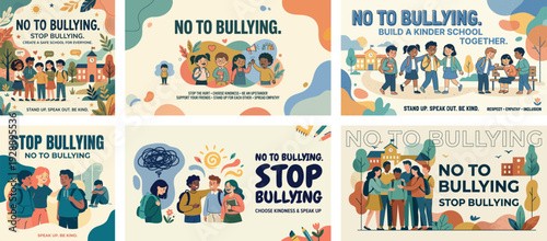 Vector set of diverse students promoting kindness. Friendly school composition featuring children hugging and supporting peers. Colorful anti-bullying poster design for education