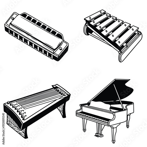 Concert Piano and Melodic Percussion Collection line art vector