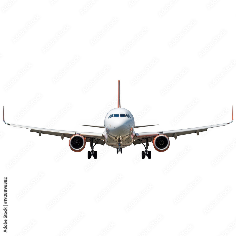 Fototapeta premium Commercial airplane preparing for landing with landing gear extended isolated on transparent background