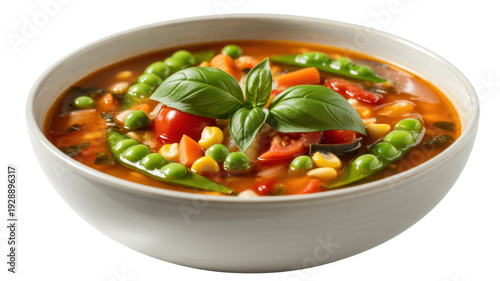 Bowl of vegetable soup with basil food healthy isolated on a transparent background