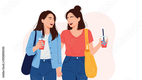 Two young female friends walking together while laughing and holding iced drinks in a casual summer or autumn setting.